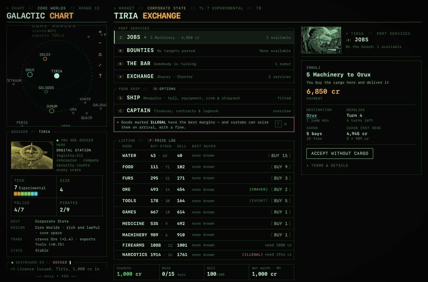 Contango's shipboard terminal with a galactic chart, market prices, cargo and jobs