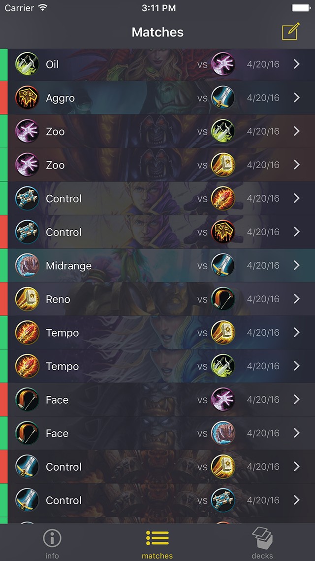 The Trackstone match log on iPhone: your deck versus the opponent's, won or lost, by date