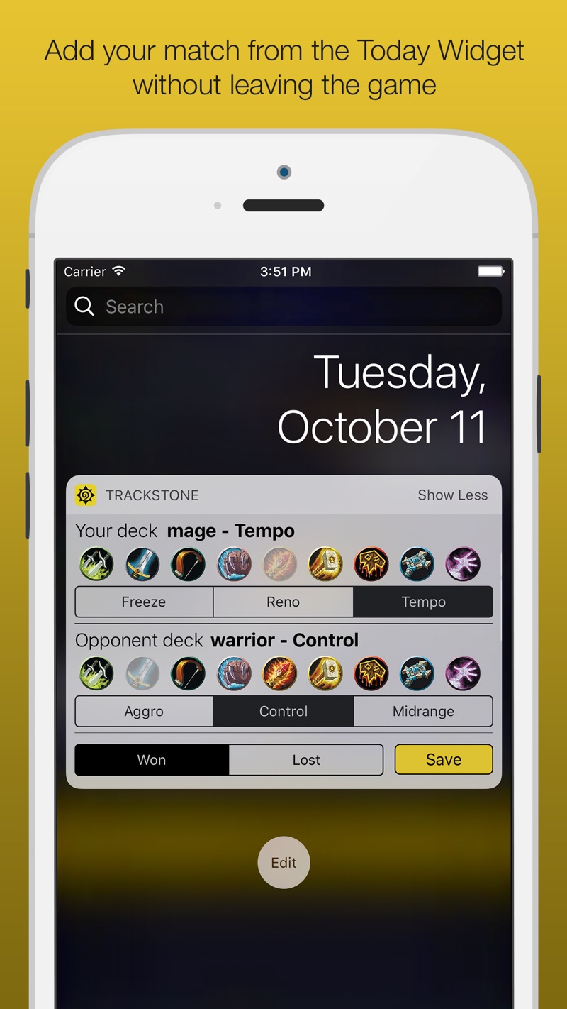 Trackstone on iPhone showing a log of Hearthstone matches